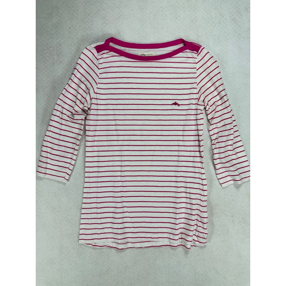 Hatley Resort Pink White Striped Boat Neck Dolphin Logo 3/4 Sleeve Top Small